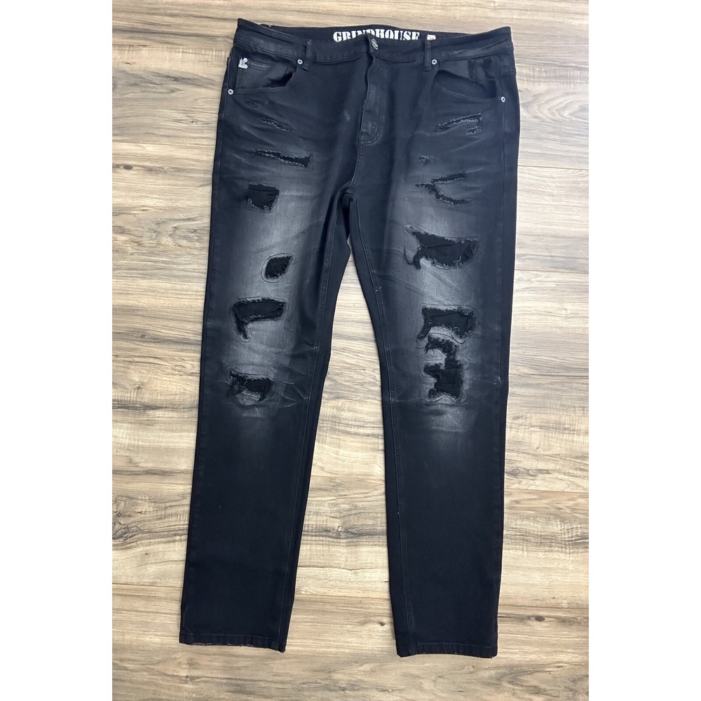 Grindhouse Denim Mens‎ Straight Fit Jeans Size 40 Black With Covered Rips